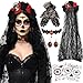 Accessoires de günstig Kaufen-Ycaaeo Halloween Kopfschmuck 100CM Rosen Tag Der Toten Haarreif mit Spitzenhandschuhe und Gesicht Tattoos,Rubin-Halsband und Rubin-Ohrringe,Tag Der Toten Haarrei für Frauen Damen Kostüm Accessoires