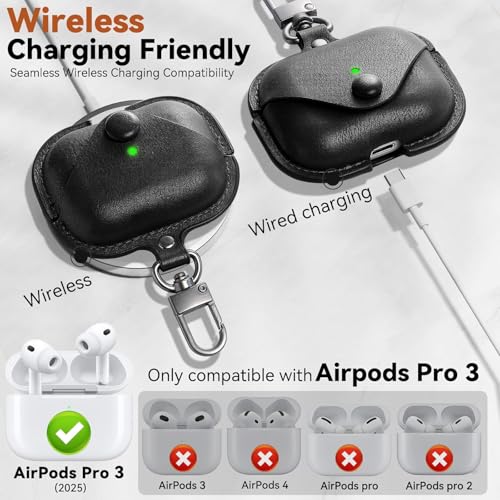 Image of Leather Case for AirPods Pro 3 (2025) | Premium Protective Cover with Snap Lock & Keychain | Shockproof Wireless Charging Compatible Case (Black)
