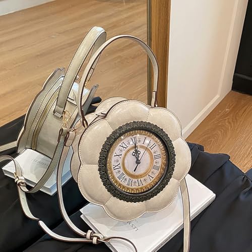 Unique Flower Shaped Clock Handbag with Roman Numerals, PU Leather Top Handle Purse, Novelty Fashion Round Watch Shoulder Bag2