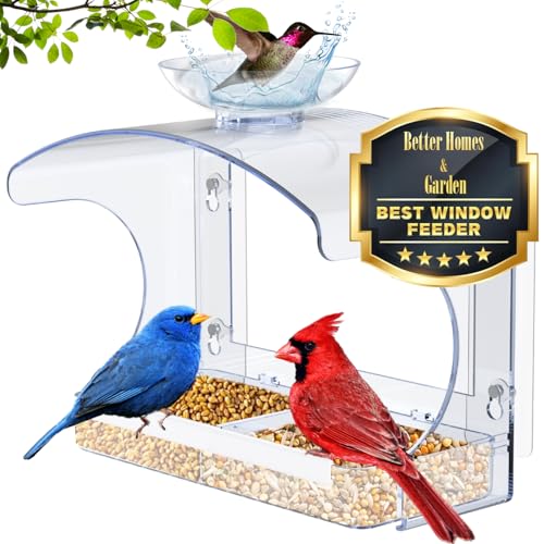 Large Window Bird Feeders Outside with 2 Non Marking Self Adhesive Hooks Wild Bird Watching Outdoor Transparent Unique Gifts for Garden Yard Elderly Viewingwith a Brush Easy to Clean