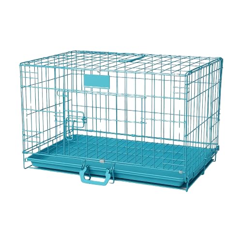 Image of PETJOY Foldable Metal Dog Cage | 24 Inch Dog Crate Kennel for Puppies, Medium Dogs, Cats & Rabbits | Double Door with Secure Lock, Removable Leak-Proof Tray | Portable & Easy to Clean Pet Cage (Blue)