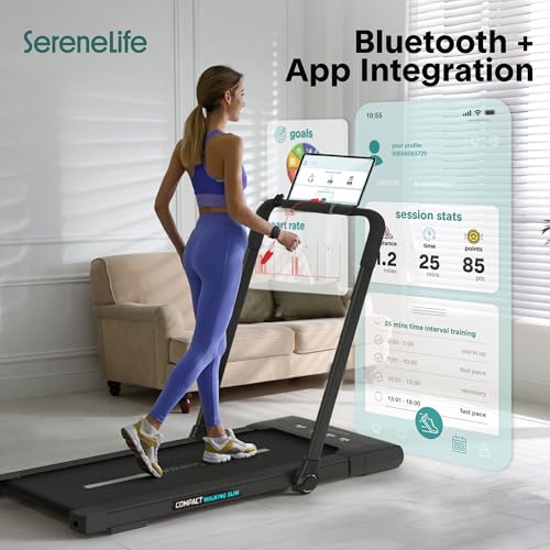 Image of SereneLife Portable Foldable Treadmill with Remote Control, 8.7 MPH Smart Speed Control, Treadmills for Home, Under Desk Treadmill for Home Office, Shock Absorption, App Support, 265lbs Limit