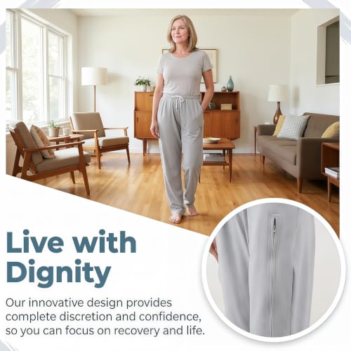 Image of Catheter Pants for Men Women, Incontinence Urine Leg Bag Holder Pants with Dual Inner Pockets for Elderly, Nephrostomy, Cystostomy, Biliary Drainage(Black,2XL)