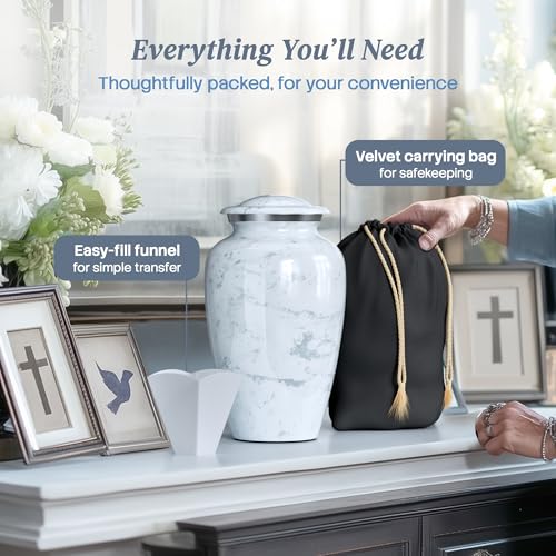 Image of Large Handcrafted Urn for Ashes Adult Male and Female - Cremation Urns for Human Ashes Adult Man and Woman - Decorative Funeral Urns - Memorial Urn with White Marble Finish - Large (10.5 inch H x 6.25 inch W)