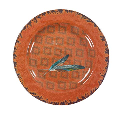 Image of Paseo Road Tossed Feather 14 Piece Melamine Plastic Western Dinnerware Set, Orange Tan Brown Teal Aztec Tribal Print, Southwestern Rustic Dish Set with Plates, Bowls, Serving Dish