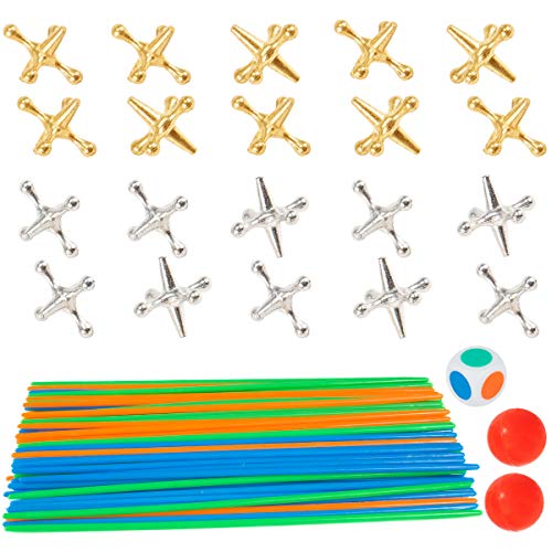 Biubee Jack Games- 20 Pcs Gold and Silver Toned Jacks 2 Red Rubber Bouncy Balls with 100 Pieces Pick Up Sticks Classic Game of Jacks for Party Favor, Game Prizes, Kids and Adult of All Ages