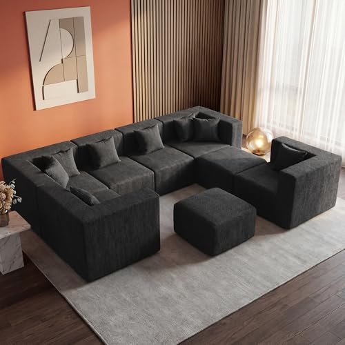 Image of MONVANE Modular Sectional Sofa, Oversized 8 Seat Convertible U Shaped Couch with Ottoman, Comfy Chenille Cloud Couch with Deep Seat, Sectional Couches for Living Room, No Assembly Required, Black