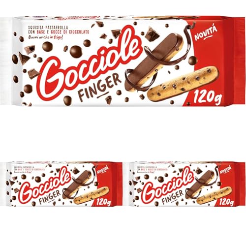Pavesi Biscotti Frollini Gocciole Finger, Biscotti Snack, Pastafrolla con Base e Gocce di Cioccolato, Snack Gustoso, Confezione 120g (Confezione da 3)