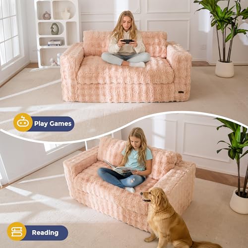 Image of MAXYOYO Loveseat Sofa Couch, Upholstered Bean Bag Chair Cloud Seat for Adults, Boneless Couch with Cushion & Pillows, Sofa in A Box, No Assembly Required, Bubble Pink, 2-Seat