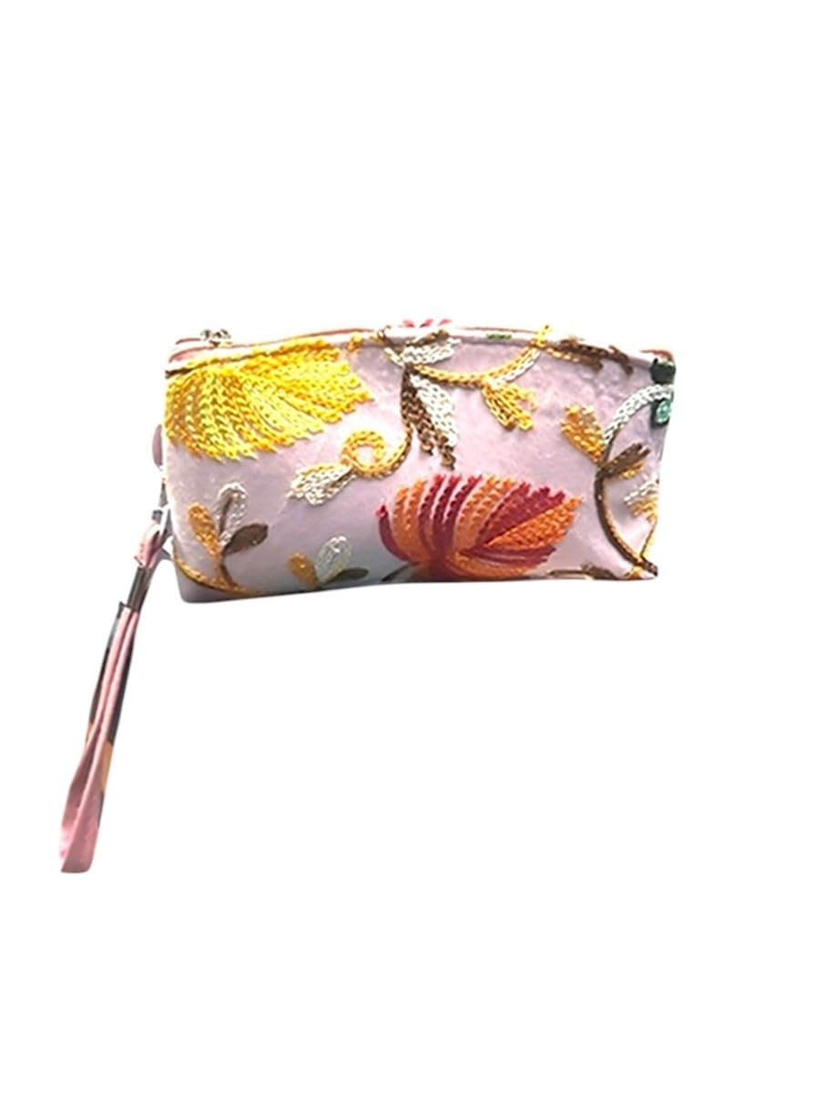 Floral Embroidered Wristlet Wallet, Cream with Gold Thread Work, Small Kashmiri Cotton Clutch with Polka Dot Lining-image-14