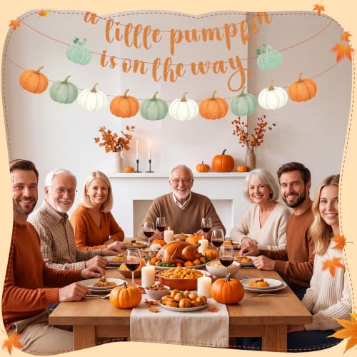 Image of Little Pumpkin Banner and Hanging Swirls Fall Baby Shower Decor