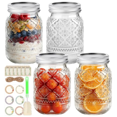 16oz Embossed Mason Jars 4-Pack Regular Mouth Pint Glass Canning Jars