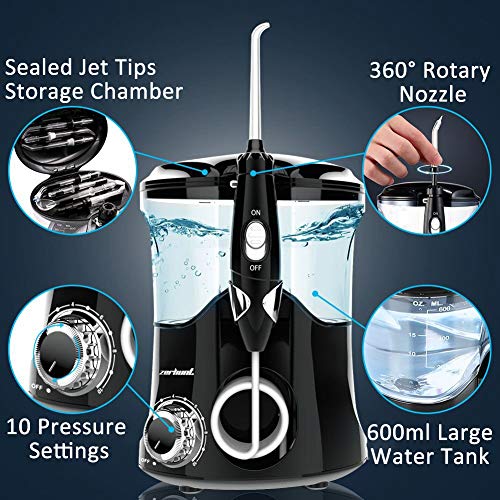 Dental Water Flosser Teeth Cleaner - Zerhunt High Frequency Pulsed Water Flosser Electric Oral Irrigator With 7 Interchangeable Nozzles For Braces, Implants, Bridges, 600Ml Large Capacity Black #TOP2