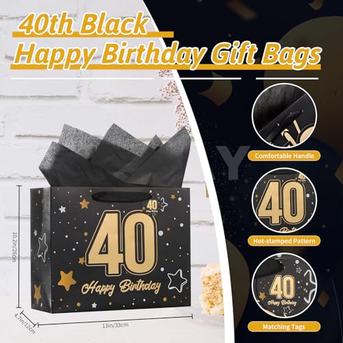 Image of Powbrace 13 inch Black 40th Birthday Gift Bag with Tissue Paper and Greeting Card for Party,Happy Birthday Gift Bag for Men Women,Gift Bags Medium size(1 Black 40th)