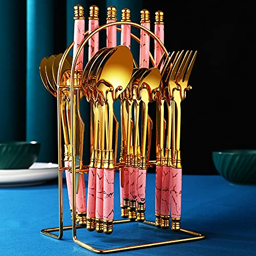 Ensemble de couverts en argenterie, ensemble vaisselle 24 pièces, acier inoxydable avec support rangement, couteau, fourchette, cuillère, luxe, rose