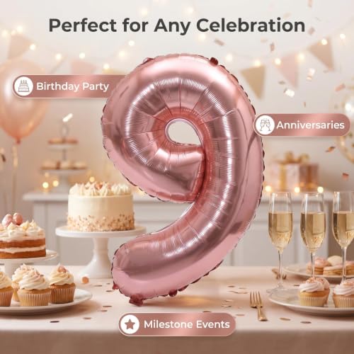 Image of YPSelected 32 Inch Large Foil Helium Number Balloon Birthday Wedding Party 0-9 (Rose Gold, 9)
