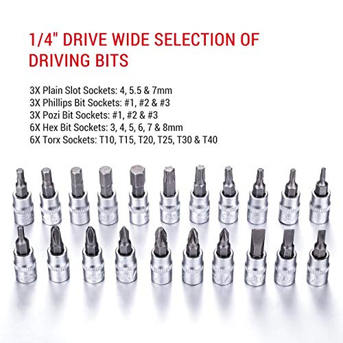 TOPWAY 1/4 Inch Socket Set 46PCs, Mechanical Tool Set 4-14mm Metric Drive with 24-Teeth Quick-Released Ratchet Wrench, Extension Bars, Universal Joints and Bits, High Grade Chrome Vanadium Steel 4 TOPWAY 1/4 Inch Socket Set 46PCs, Mechanical Tool Set 4-14mm Metric Drive with 24-Teeth Quick-Released Ratchet Wrench, Extension Bars, Universal Joints and Bits, High Grade Chrome Vanadium Steel - Image 4