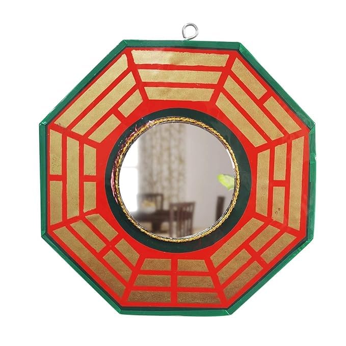 Omdariya Wood Acupressure Bagua Octagonal Mirror For Vastu Feng Shui Convex Bagua Mirror Positive Energy,Protection Wall Door Hanging For Home&Office (Multicolor,5 Inch) (Referred By Vastu Expert)