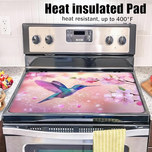 Image of Hummingbird Glass Top Stove Cover Protector,Pink Peach Flowers Stove Top Covers for Electric Stove,Washable Heat Resistant Cooktop Mat Anti-Slip Range Covers, 28 x 20 Inch