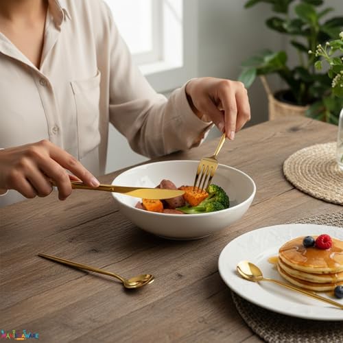 Image of Slim Handle Gold 4 Pcs Stainless Steel Cutlery Set for Dining Table, Dishwasher Safe Glossy Flatware (1 Spoon Set + 1 Forks Set + 1 Butter Knife + 1 Dessert Spoon)
