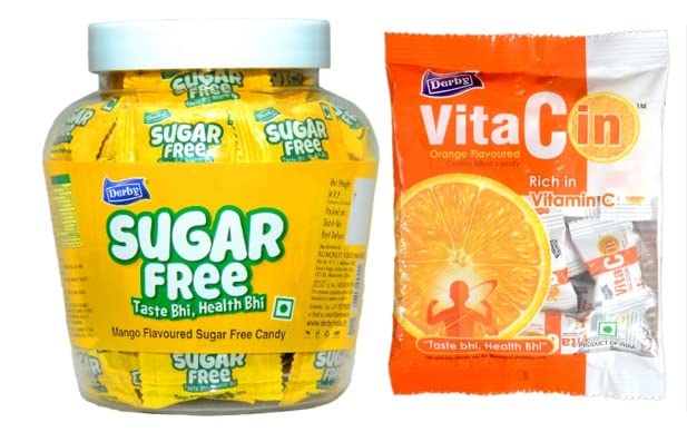 Derby Mango Flavoured Sugar-Free Hard Candies Jar (100pcs) and VitaCin Poly Pack (100pcs) Combo / Suitable for Men, Women and Children / Enriched with Vitamin C / Healthy Combo Pack