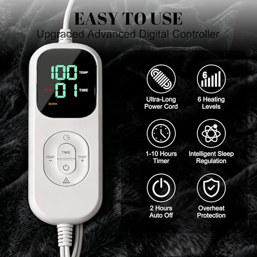 Image of IUUI Electric Heated Blanket Throw 50''x60'',Luxury Faux Rabbit Fur Heating Throw Blankets,Fast Heating with 1 /2 /4 /6 /8 /10 Hours,Overheat Protection, Quick Heating, Memory Function, Gift-Ready Design