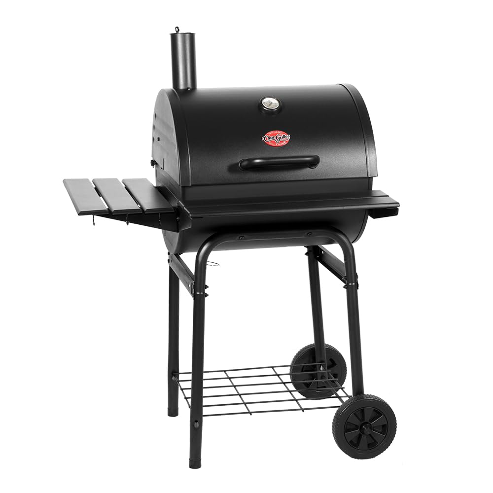 Char-Griller Wrangler 2823 grill na węgiel drzewny w kolorze czarnym z drewnianymi półkami