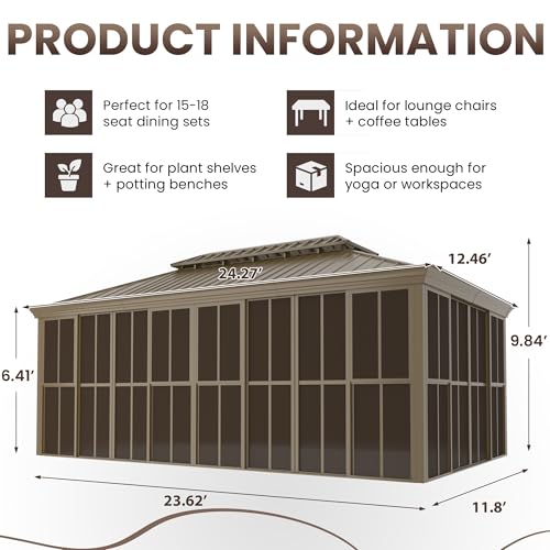 EROMMY 12' X 20' Sunroom, Hardtop Gazebo Solarium with Front Door, Side Entrance & Light Galvanized Steel Double Roof, All-Weather Sun Room for Patio Deck Backyard - Image 2