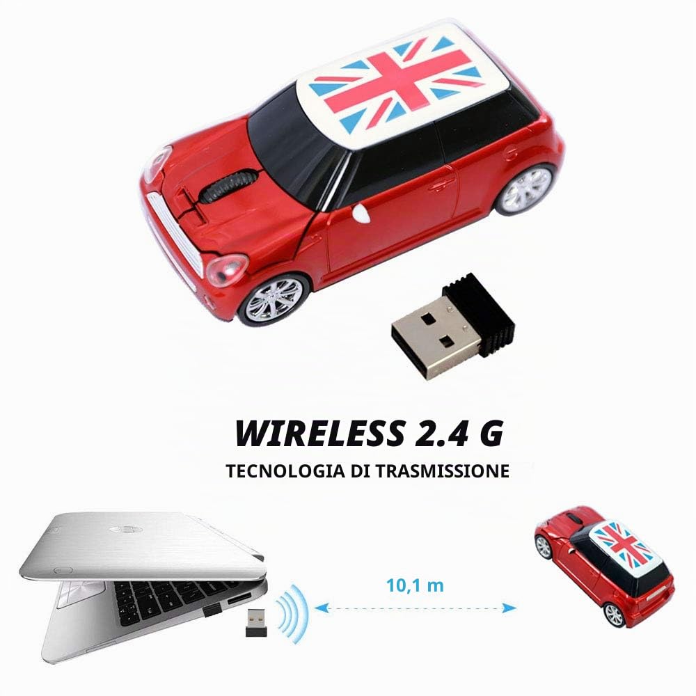 Mouse wireless per auto, super carino a forma di auto, mouse ottico per computer, mouse da gioco con mini ricevitore per PC notebook finestra