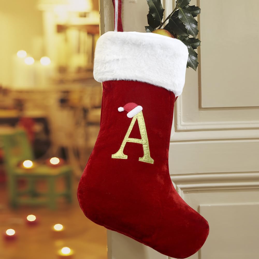 TCOTBE 20 Inches Monogram Christmas Stockings with Letters, Personalized Monogram Christmas Stocking, Christmas Stockings Red Velvet with White Super Soft Plush, Christmas Holiday Xmas Gift (Letter A)