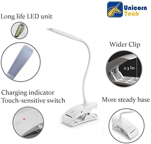 Clip Desk Lamp Table LED Bulb Lamps Set USB Outlet White Modern Shade Gooseneck Dimmable Light Clamp Base Touch Sensor Switch Charging Battery Office Room Bedroom Dorm Kids Small Girls Study Reading