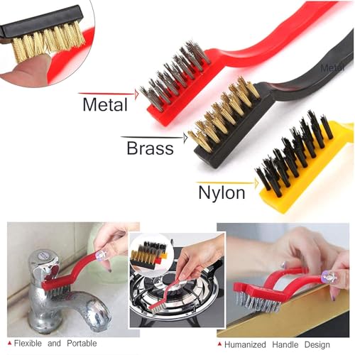 Image of Generic Plastic Metal Fiber Wire Cleaning Brush Set of 3 Multicolour