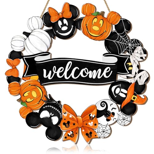Halloween Mouse Wreath Door Decorations Welcome Hanging Sign Happy Halloween Front Door Hanger Decor Cute Wooden Pumpkin Ornaments Door Sign for Home Outdoor Indoor Wall Holiday Party