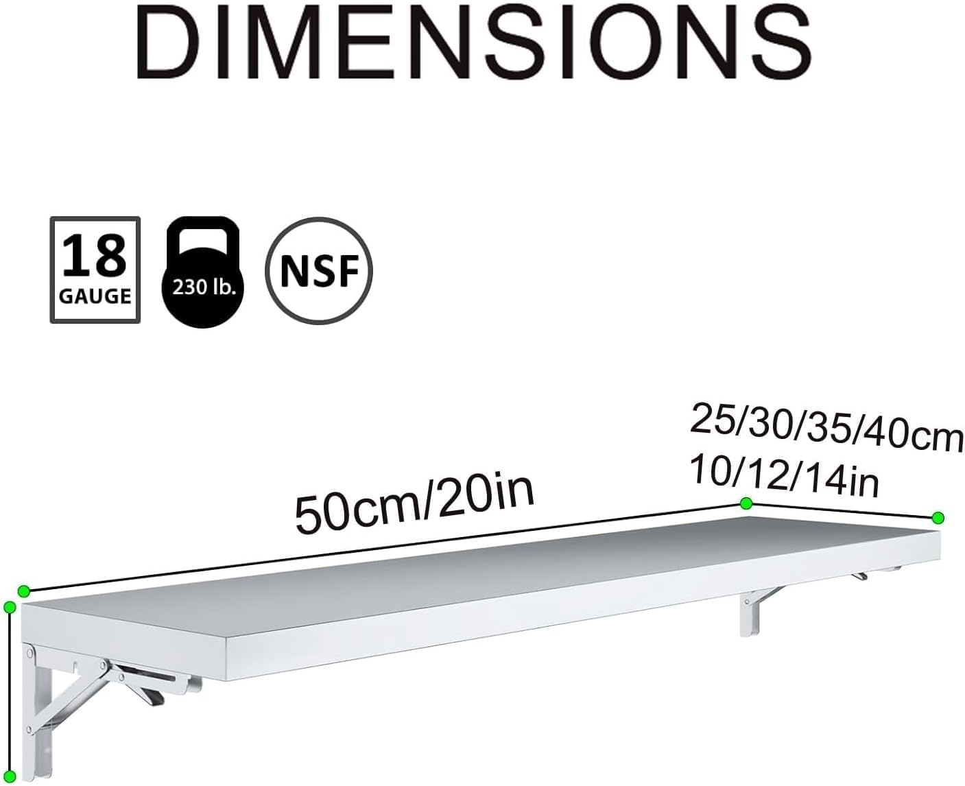 Stainless Steel Folding Wall Shelf 50cm - Heavy Duty Storage Rack for Food Truck, Kitchen, Restaurant, Garage, Laundry - Compact 16x20in Concession Organizer