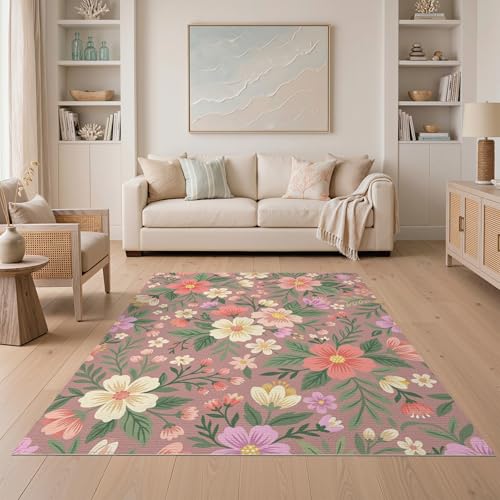 ODIKA 5'x7' Washable Watercolor Botanical Area Rug, Dusty Rose Flatwoven