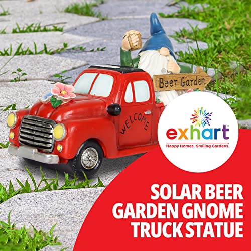 Exhart Garden Sculpture, Solar Beer Truck Driving Garden Gnome Statue, LED Lights, Outdoor Garden Decoration, 10 x 4.5 x 7 Inch