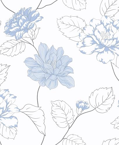 Guvana 17.32"x 197" Blue and White Wallpaper Floral Peel and