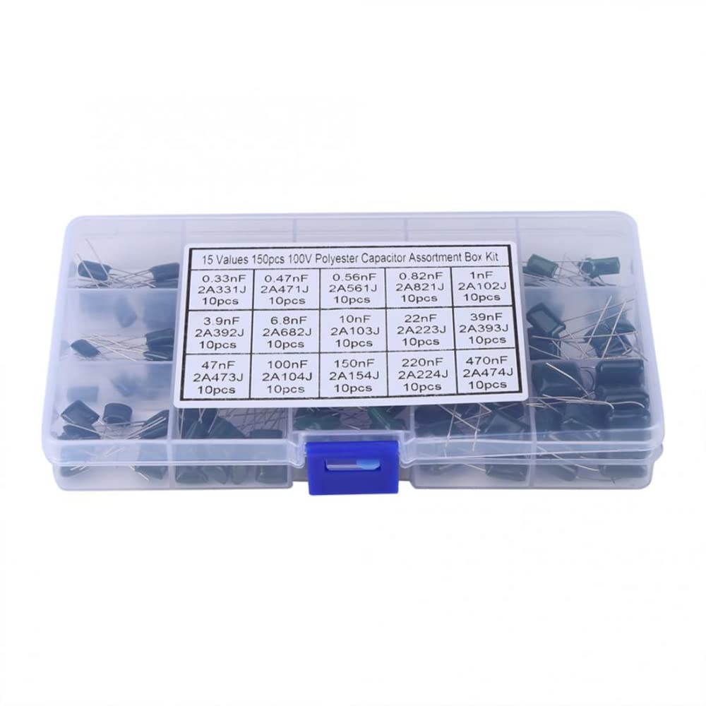 150PCS 15 Value(Each 10pcs) 100V 0.33NF- 470NF Polyester Film Capacitor Assortment Kits + Plastic Box