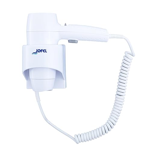 Jofel - Secador de Pelo 1200 W, 2 Velocidades, Calor hasta 65ºC a 10cm, Interruptor de Seguridad, Soporte a Pared, Cable Extensible Resistente, Color Blanco, Facil Limpieza - AB68500