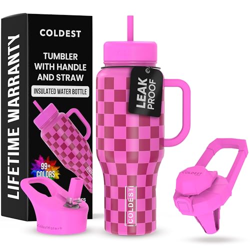 Coldest Tumbler with Handle and Straw, 100% Leak Proof Insulated Tumbler with Lid and Straw (3 Lids), Stainless Steel Tumblers for Women & Men, Cup Holder Friendly, 36 oz (Purple Checkers)
