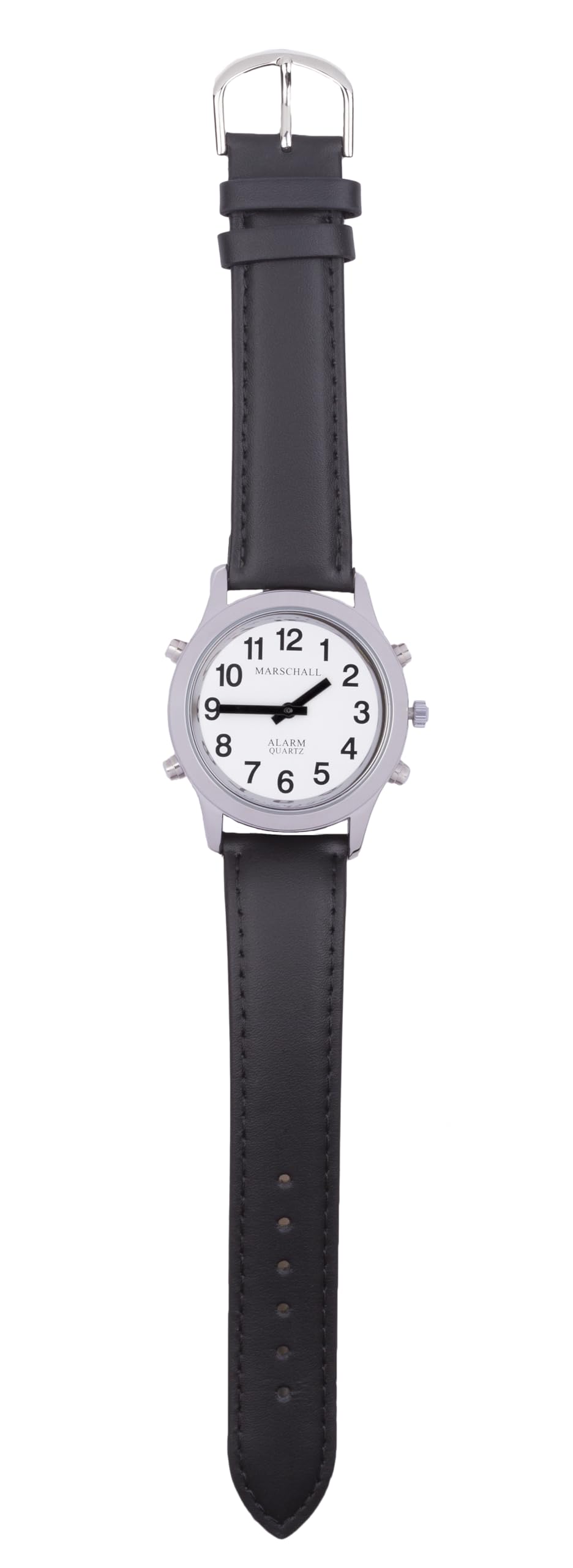 Marschall Deutsch sprechende Herren Armbanduhr I H-SL I Für Blinde, Senioren und Sehbehinderte I Komplette Datumsansage I Extra große Zeiger I Silberfarben mit Lederarmband