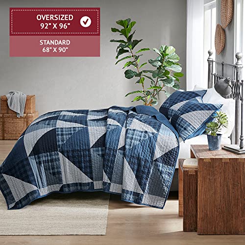 Woolrich Olsen Reversible Quilt Set - Cottage Styling Reversed To Solid Color, All Season Lightweight Coverlet, Cozy Bedding Layer, Matching Shams, Oversized Full/Queen, Geometric Plaid Blue 3 Piece #TOP3
