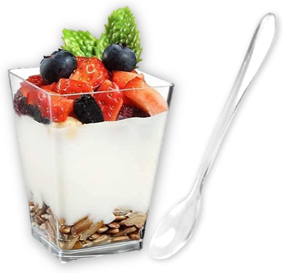 SABR 23 Dessert Cups + 23 Spoons (160ml/5.5oz) Clear Reusable Appetiser Parfait Cup Party