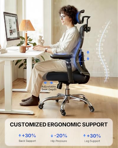 Image of HUANUO Ergonomic Office Chair with 6D Armrest, Seat Depth Adjustment, Lumbar Support, Quiet Rubber Caster, High Back Mesh Gaming Chair with 3D Headrest, Big and Tall Chair for Home Office, Pack of 6
