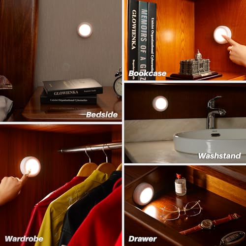 Image of STAR-SPANGLED 8 Pack 3.1 inch Dimmable Push Tap Lights, Stick on LED Touch Puck Lights AA Battery Operated, 3 Color Modes Sticky Button Lamps for Classroom, Kitchen, Under Cabinet, Closet