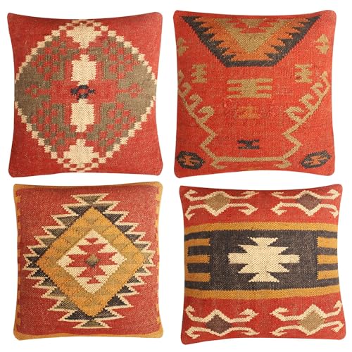 JAIPUR KILIM RUGS Set of 4 Wool Jute Vintage Kilim Cushion Covers,Home Decor...