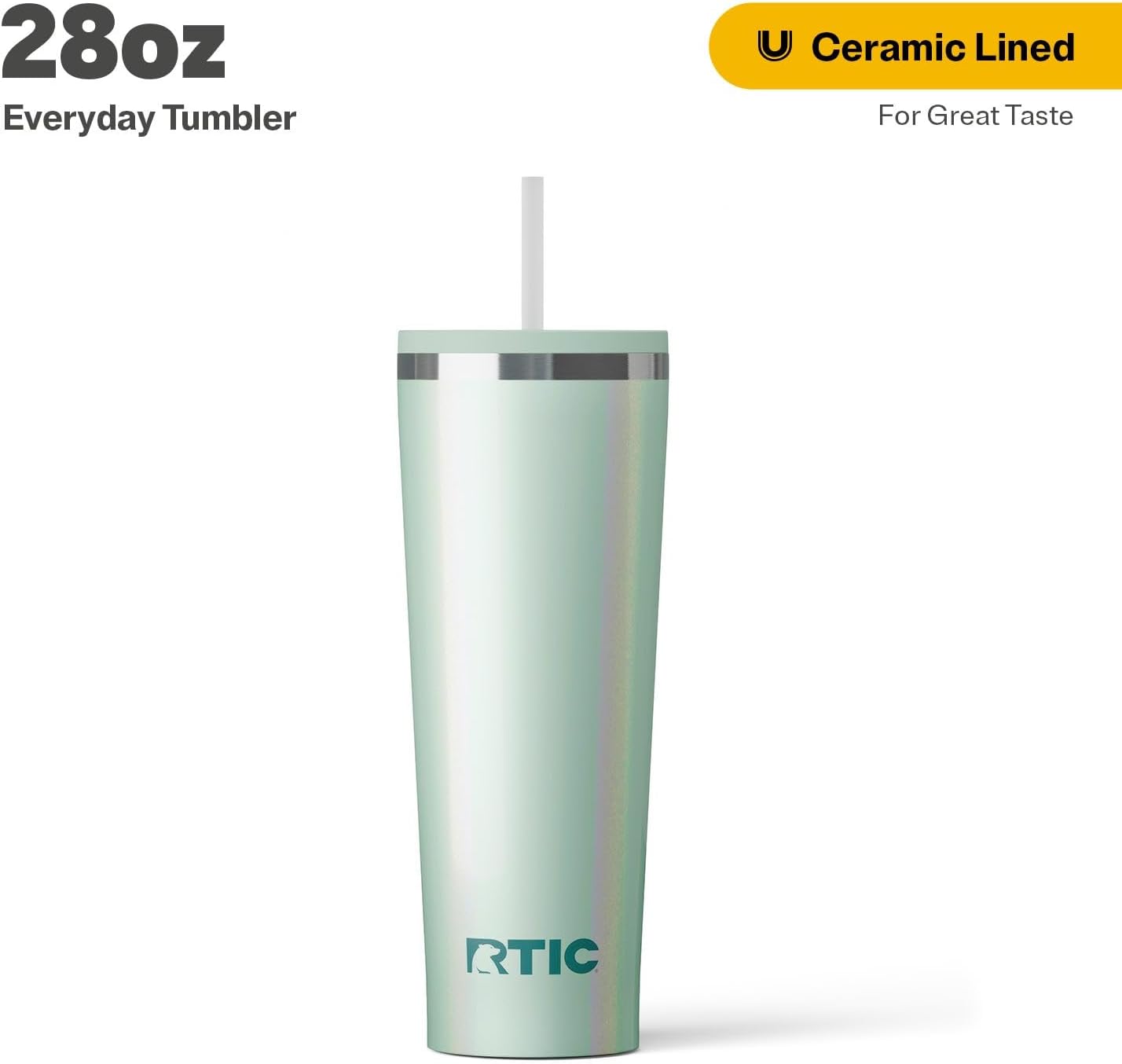 RTIC 28oz Everyday Tumbler Insulated Stainless Steel Portable Travel Coffee Cup with Straw, Ceramic Lining, Spill-Resistant Lid, BPA-Free, Hot and Cold Drink, Fresh Mint Glitter
