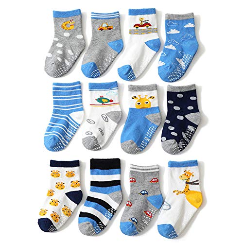 Hapkou 12 Pares Calcetines Antideslizantes Bebé Niños Niñas Lindo Algodón Calcetines con Puños para Infantil Niños Pequeños Cover