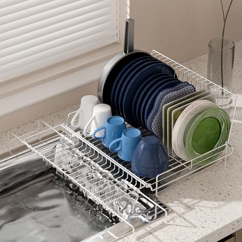 chilinii Dish Drying Rack - Stainless Steel Expandable Large Dish Drainer for Kitchen Counter, with Stainless Drain Board Rustproof Collapsible Organizer Space Saving