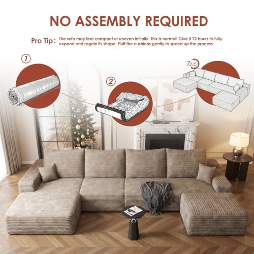 Image of Boneless Couch, Modular Sectional Couches for Living Room, U-Shaped Cloud Couch Sofa with Deep Seat, Fluffy Corduroy Upholstered Corner Sofa